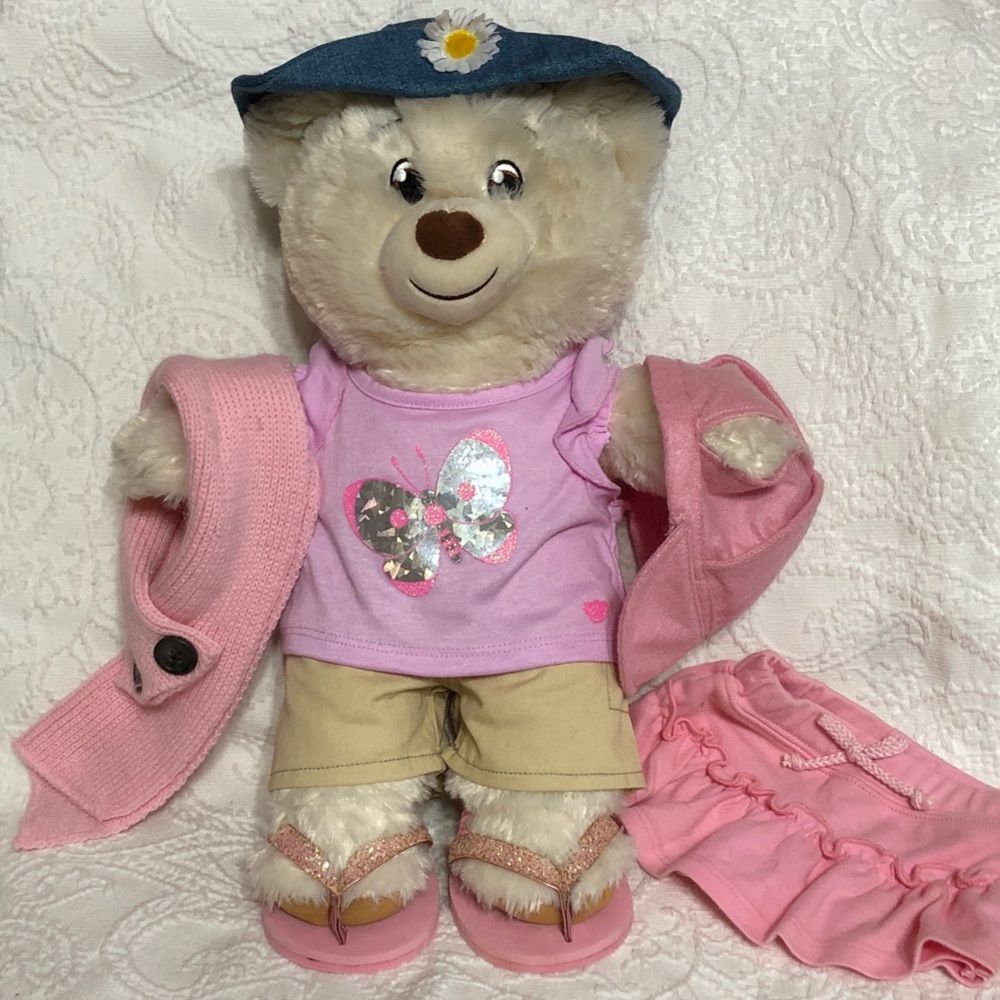 Build-A-Bear Teddy Bear with Pink Outfit, Glitter Shoes, Scarf, Skirt, Shorts
